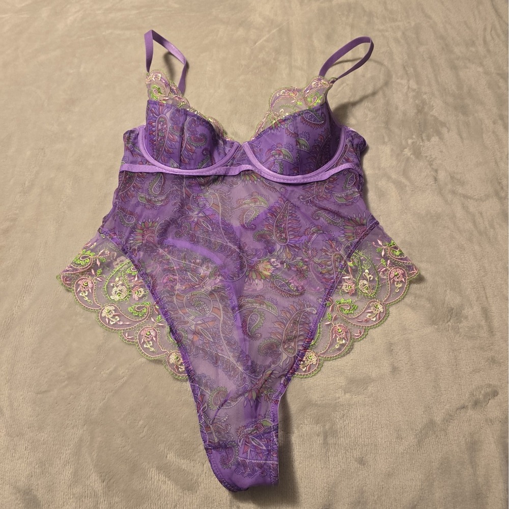 Savage X Fenty Lilac Sheer Floral Lace Bodysuit Lingerie No Size Tag See Measure
